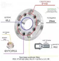 Проставка колёсная 20мм 5*110 ЦО 65,1 Крепёж в комплекте Болт + Футорка М12*1,5 ступичная без бортика для дисков на ступицу 5x110 5х110