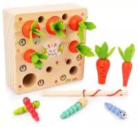 Сортер Морковки и магнитные червячки для малышей по методике М. Монтессори, деревянная развивающая игра для детей