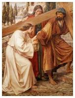 Освященная икона на дереве ручной работы - Крестный путь – Симон Кириниянин помогает Иисусу нести крест, 15x20x3,0 см, арт Ид4785
