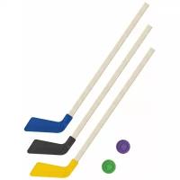 Детский хоккейный набор для игр на улице, свежем воздухе Клюшка детская хоккейная - 3 Клюшки 80 см. (желтая, черная, синяя) + 2 шайбы