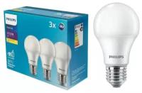 Лампа светодиодная Philips 9W E27 220В Груша SSLEDBulb 3шт/уп 3000К Теплый белый Экопак35%, уп. 1шт