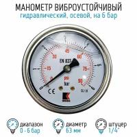 Манометр гидравлический виброустойчивый WKP1007 на 6 бар, 63 мм, G 1/4