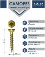 Саморез 3,0х20 универсальный Daxmer острый желтый цинк (1500шт)