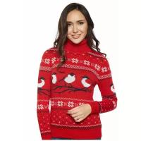 Шерстяной свитер, классический скандинавский орнамент со Снегирями и снежинками, натуральная шерсть, красный цвет, размер M