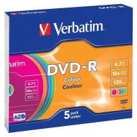 Носители информации DVD-R, 16x, Verbatim Azo Colour, Slim/5, 43557