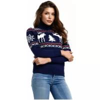 Шерстяной свитер, скандинавский, с Оленями, натуральная шерсть, темно-синий цвет, скандинавский орнамент, XL