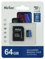 Карта памяти MicroSDXC 64Gb NT02P500STN-064G-R Netac Class 10 UHS-I U1 P500 Standard + adapter SD