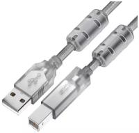 GCR Кабель PROF 3.0m USB 2.0, AM/BM, прозрачный, ферритовые кольца, экран, армированный, морозостойкий