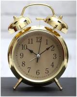 Часы будильник настольные классические D-10 см золотой цвет Эврика детские, взрослые, подарочные мужские на 23 февраля, женщине на 8 марта, ребенку, на стол, в спальню