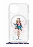 Чехол для iPhone 12 mini Kruche Print MagSafe Magrope Fashion Girl,противоударная пластиковая накладка с рисунком,силиконовый бампер со шнурком