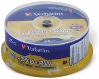 Диски DVD+RW (плюс) VERBATIM 4,7 Gb 4x, комплект 25 шт., Cake Box, 43489