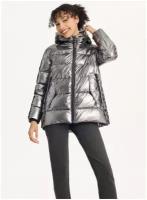 Куртка DKNY L серебристая теплая ниже бедра с капюшоном на молнии Glossy Mid Length Puffer With Envelope Pockets