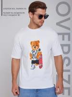Белая футболка мужская оверсайз с мишкой Tony Style со скейтом 50р