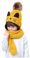 Шапка для девочки с ушками котика и шарф Jomtoko J190 желтая