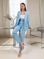 Женский классический костюм двойка, деловой, брюки с завышенной талией, прямой пиджак оверсайз, офисный, летний, весенний, голубой цвет, размер 48