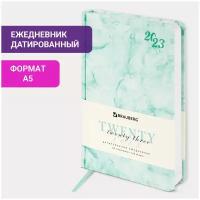 Ежедневник-планер (планинг) / записная книжка / блокнот датированный на 2023 год формата А5 (138x213 мм) Brauberg Marble, под кожу, бирюзовый