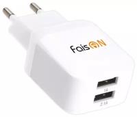 Сетевая зарядка FaisON 2хUSB, 1. A, 2.1A, белый, FS- Z-613, Classic