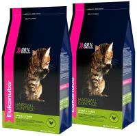 EUKANUBA ADULT HAIRBALL CONTROL/INDOOR для взрослых кошек для вывода шерсти с птицей (0,4 + 0,4 кг)