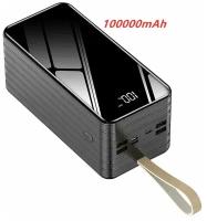 PowerBank большой емкости 100000mAh, Mike Store PBMS-01-/быстрая зарядка/внешний аккумулятор/USB/microUSB/USB Type-C/Apple Lightning/фонарик