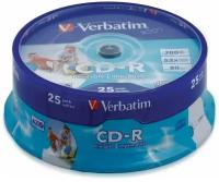 Диски CD-R VERBATIM 700 MB 52x Printable, КОМПЛЕКТ 25 шт., Cake Box, с поверхностью для печати