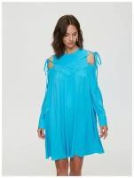 Платье женское расклешённое ASUR. Укороченное, со сборкой, голубое. С длинными рукавами, на манжете, открытые плечи