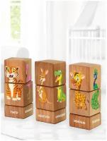 Кубики Деревянные - Дикие Животные 9 штук Игровой Набор Вращающийся на Оси для Детей из Дерева Обучающий Развивающий