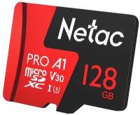 Карта памяти Netac microSDXC 128 ГБ Class 10, V30, A1, UHS-I, R 100 МБ/с, 1 шт., черный/красный