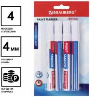 Маркер-краска лаковый paint marker по стеклу / бетону / авто Extra (paint marker) 4 мм, Белые, Набор 4 штуки, Усиленная Нитро-основа, Brauberg, 152000