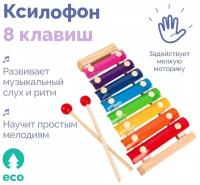 Ксилофон детский, музыкальная деревянная разноцветная развивающая игрушка для детей и малышей 8 тонов