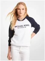 Свитшот MICHAEL KORS L белый с синими рукавам и лого на груди Logo Color-Block Cotton Blend Sweatshirt