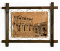 Картина Александрийская библиотека, гравировка на натуральной коже, интерьерная для украшения и декора на стену в деревянной раме, подарок, BoomGift