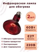 Лампа Инфракрасная икзк 60W E27 230-60 R63, 2 шт / Инфракрасная лампа для курятника цыплят животных