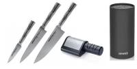 SBA-0220КРЧПЭЛТ набор из 3-Х ножей овощного, универсального, шефа, подставки И электроточилки