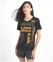 Футболка Karl Lagerfeld XS черная с золотыми крупными лого надписями CROSSWORD LOGO TEE