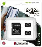 Карта памяти Kingston MicroSDHC 32GB Canvas Select Plus 100 МБ/с U1 A1, 2 шт. + адаптер