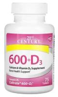 Кальций + витамин D 21st Century Calcium 600+D3 75 таб