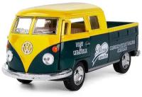 Машинка металлическая Kinsmart 1:34 1963 Volkswagen Classical Bus Double-Cab Pickup (Фольцваген Автобус с открытым кузовом) 5396DKT инерционная, двери открываются / Зелено-желтый с принтом