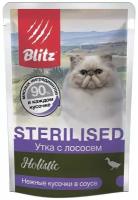 Влажный корм для кошек Blitz Holistic Sterilised, утка с лососем кусочки в соусе (85 г х 24 шт)