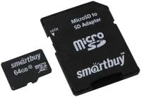 Карта памяти SmartBuy microSDXC 64 ГБ Class 10, R/W 20/17 МБ/с, адаптер на SD, 1 шт., черный