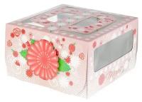 Упаковка для торта на 1 кг. 21х21х12 с окошком Розовая цветочная
