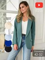 Пиджак женский повседневный классический, удлиненный, стильный, офисный, мятный зеленый, размер 52