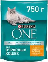 Сухой корм Purina ONE для взрослых кошек с курицей и цельным злаками, Пакет, 750 г,Для взрослых кошек