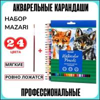 Карандаши цветные акварельные для рисования Mazari 24 цвета / мягкий грифель 3.3 мм / набор ярких мягких карандашей / рисунки акварелью / для детей