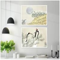 Пара постеров 40x50 Журавли, в японском стиле репродукция в белой раме 2 шт / Картины для интерьера / Плакаты на стену / Рамка