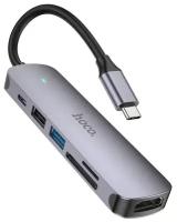 HOCO HB28/ Хаб 6 в 1/ USB 2.0, 1 USB 3.0, Type-C, Card Reader SD, Micro SD, HDMI серый металл