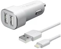 Автомобильное зарядное устройство 2 USB 2.4А + кабель Lightning, MFI, белый, Deppa 11291