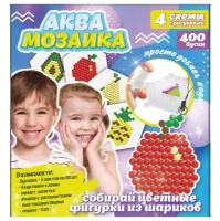 АкваМозаика. В комплекте: Бусинки 5цв.по 80шт., пластиковая форма-шаблон, 4 картинки-шаблона, пинцет, лопатка, распылитель, подвес с кольцом 4шт