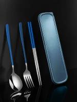 Набор столовых приборов с палочками для суши и роллов, металлические, цвет: синий с серебром