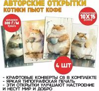 Кофейные Мурлыки: Утренний Аромат - 4 открытки с кофеманами-котиками для энергичного посткроссинга и поздравлений, уютные мини-постеры