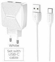 Зарядное устройство с двумя USB портами 5V-2.4A, для телефона с кабелем Type-C, блок питания, адаптер сетевой на Андроид